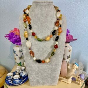 Vintage Polished Gemstone Beggar’s Beads with gold tone spacers 34”